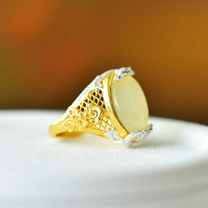 925 Silver Inlaid Hetian Nephrite "Two Dragons Bringing Auspiciousness" Ring