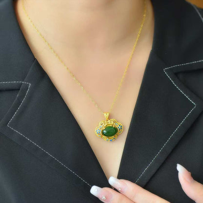 925 Silver Inlaid Hetian Green Nephrite "Blooming Prosperity & Enamel" Pendant