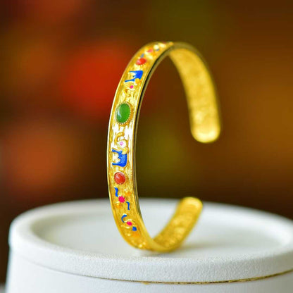 925 Silver Inlaid Hetian Jadeite (Jasper) "Auspicious Elephant & Ruyi" Bracelet