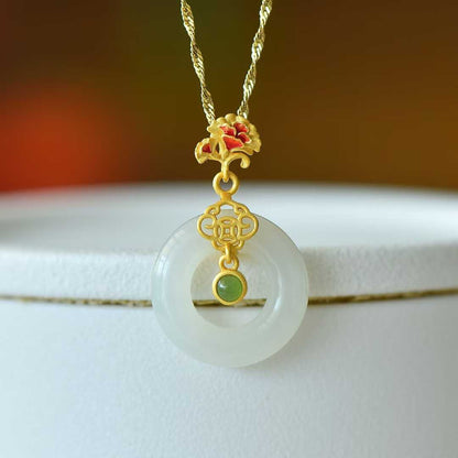 925 Silver Inlaid Hetian Nephrite "Carnation & Peace Circle" Pendant