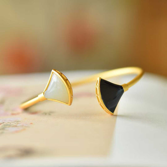 925 Silver Inlaid Hetian Nephrite "Fan-Shaped Enamel & Matt Gold" Bracelet