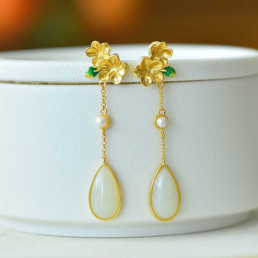 925 Silver Inlaid Nephrite "Blossoming Peach Flowers" Stud Earrings