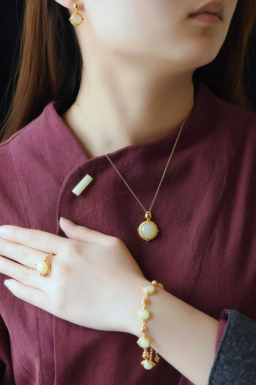 925 Silver Inlaid Hetian Nephrite "Thick Matte Gold" Jewelry Set Series