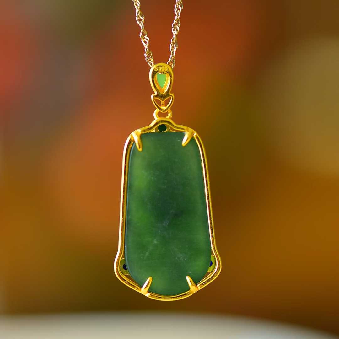 925 Silver-Inlaid Hetian Green Jade Pendant (Trapezoidal Peace Plaque, Magnolia & Flower-Grass Design)