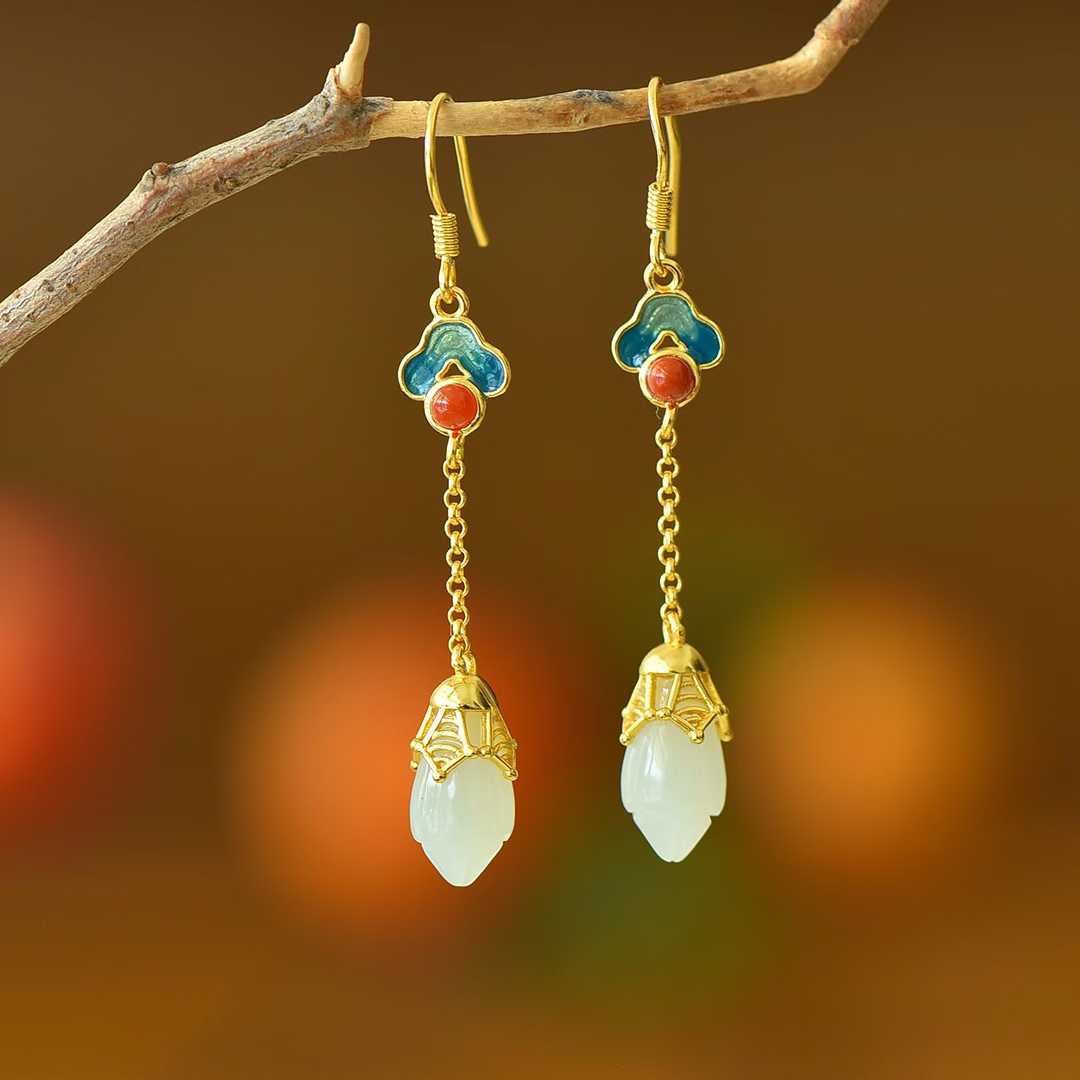 925 Silver Inlaid Nephrite Magnolia and Auspicious Cloud Earrings with Southern Red Agate and Enamel