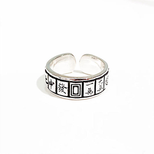 Anillo abierto de plata de ley con diseño de mahjong