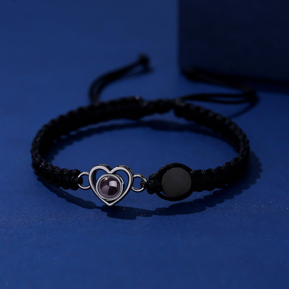 Color photo projection heart engraved braided rope bracelet