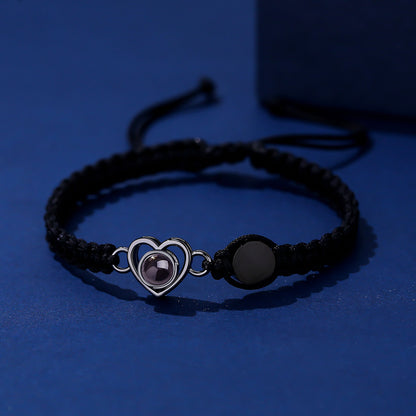 Color photo projection heart engraved braided rope bracelet