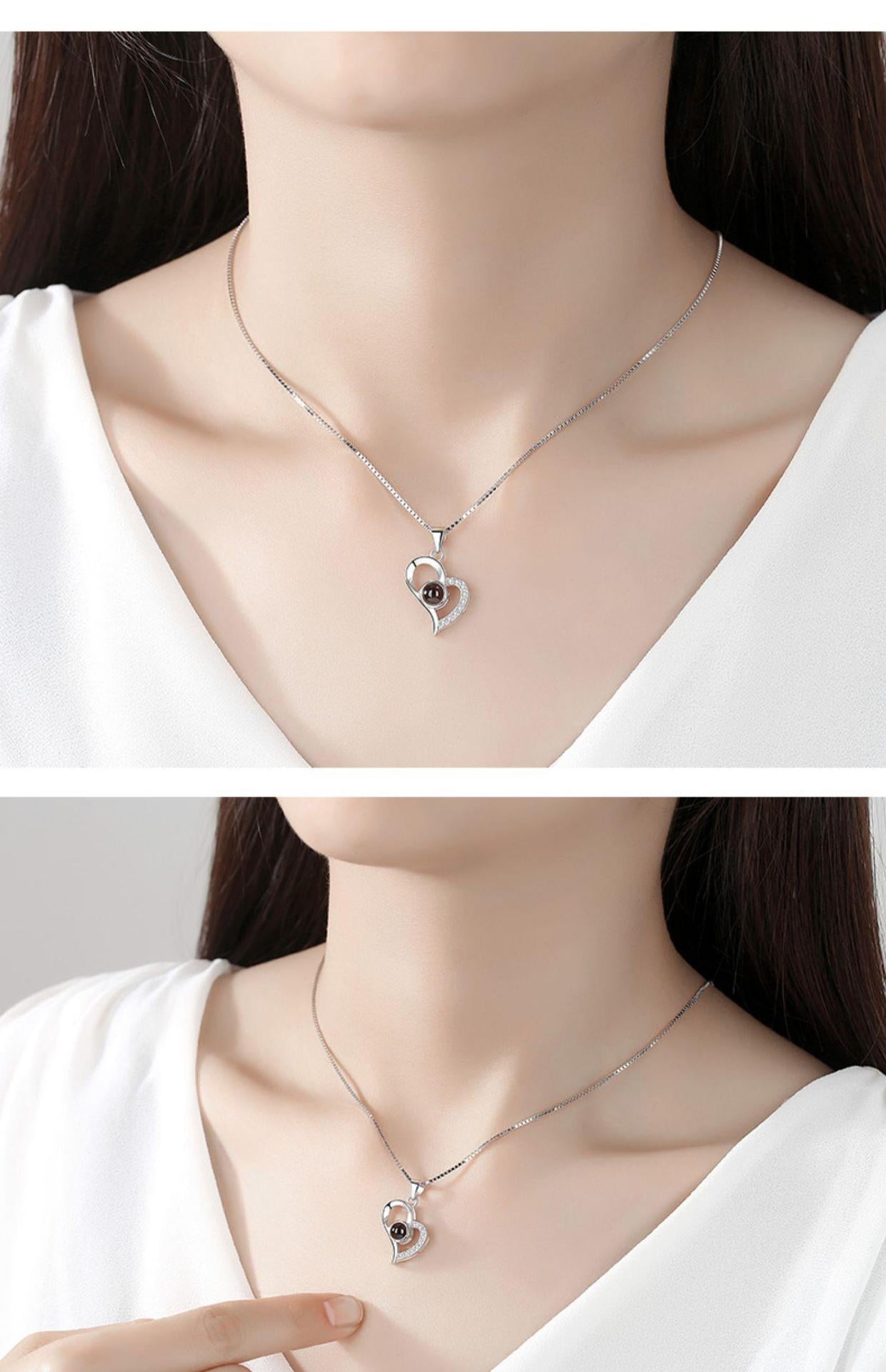 Photo projection zircon heart necklace