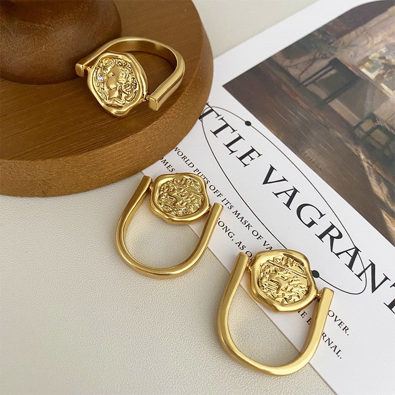 Anillo con personalidad de moneda con retrato irregular retro