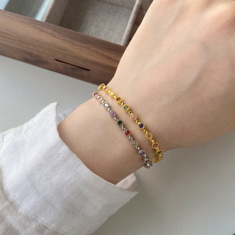 Pulsera de tenis con cadena de cuentas redondas de circonitas de colores de alta calidad