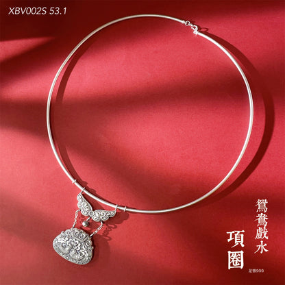 Collar con colgante de candado de loto de pato mandarín de estilo étnico