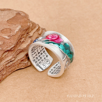 Anillo abierto de plata de ley con flores de colores