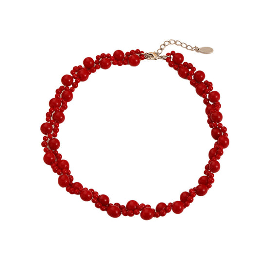 Collar de cuentas rojas trenzadas de doble capa estilo chino retro
