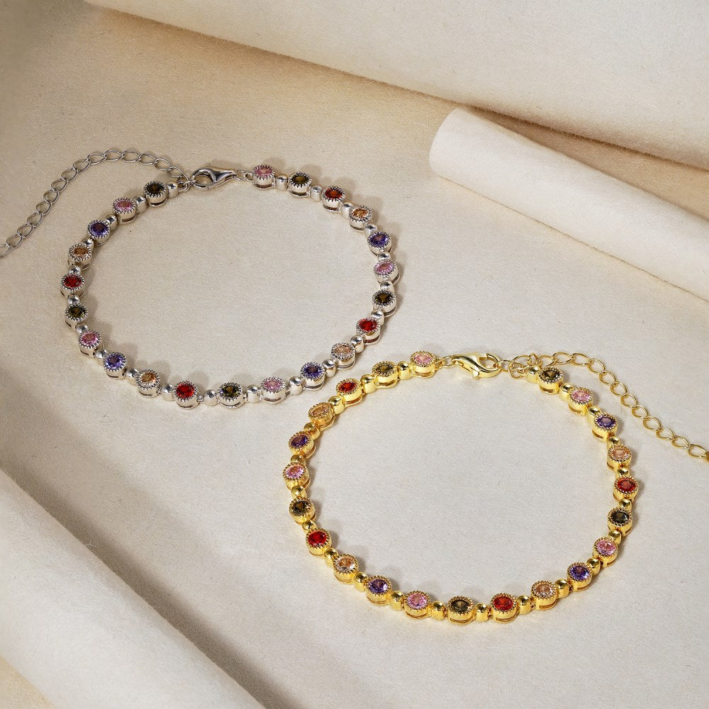 Pulsera de tenis con cadena de cuentas redondas de circonitas de colores de alta calidad