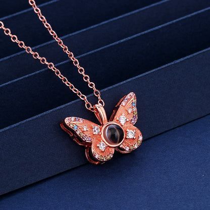 Photo projection colored diamond butterfly necklace