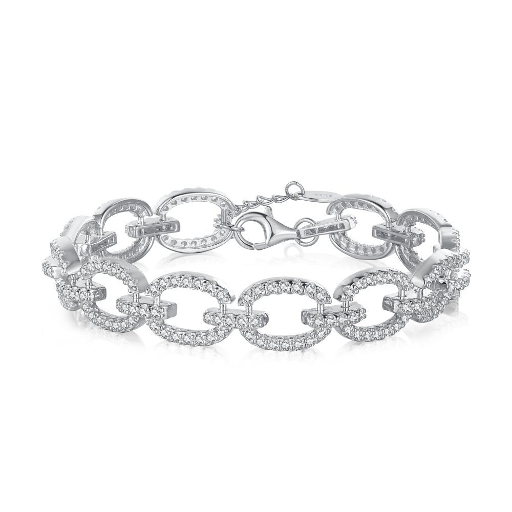 Pulsera hueca de plata de ley con microincrustaciones de circonitas y diamantes.