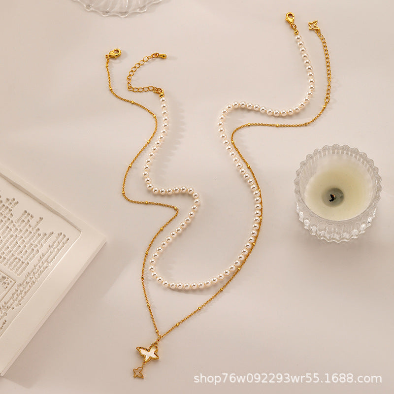 Ladies High-end Butterfly Mother-of-Pearl Stacking Necklace