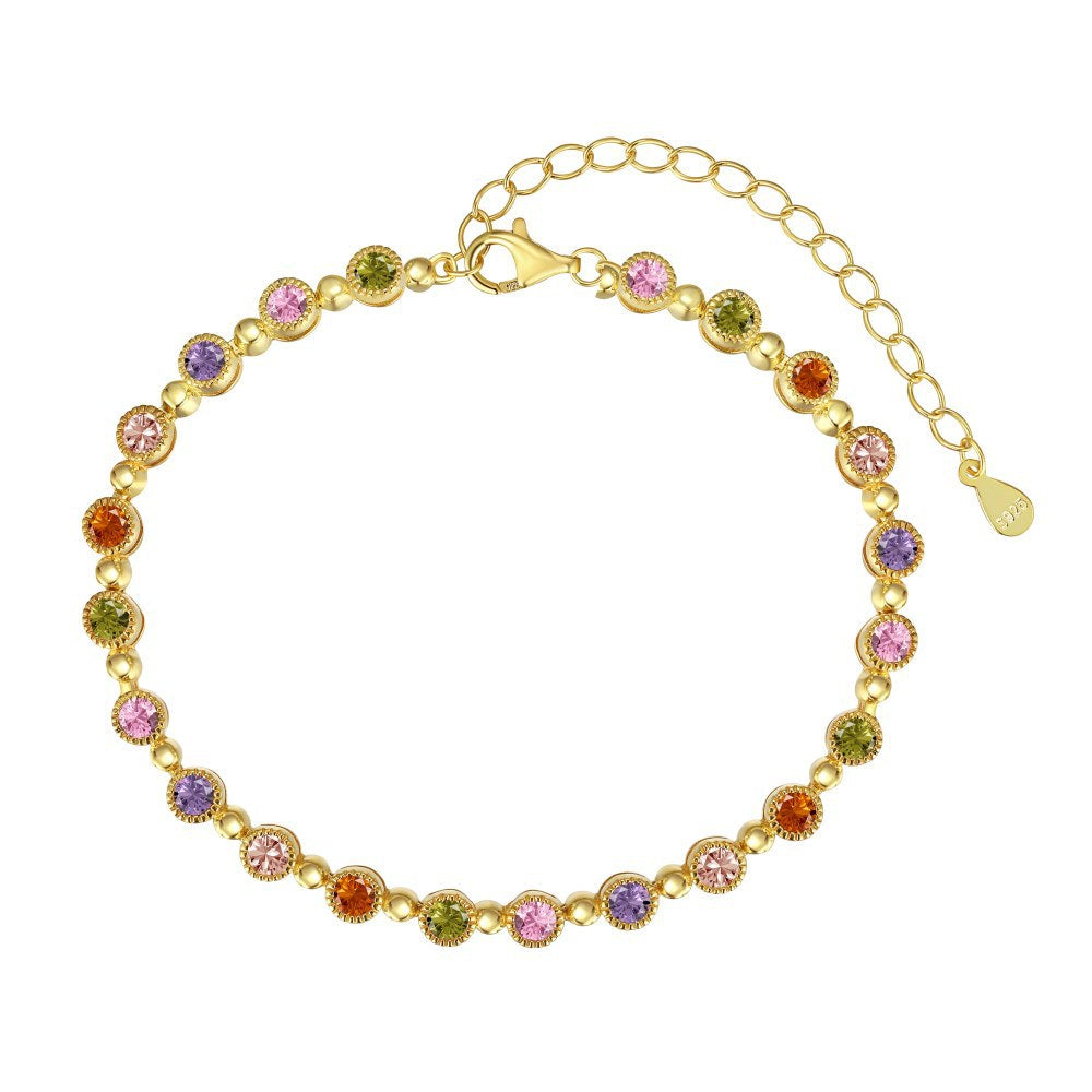 Pulsera de tenis con cadena de cuentas redondas de circonitas de colores de alta calidad