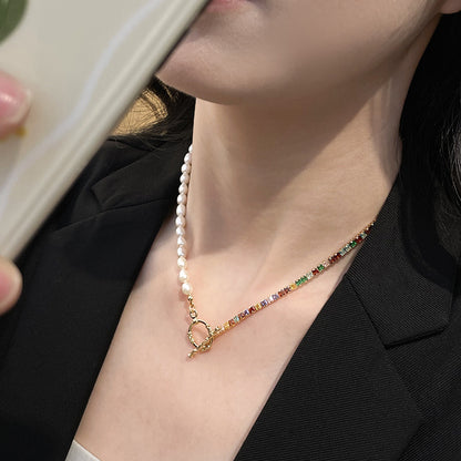 Women's fashionable all-match ot buckle colorful zircon natural freshwater pearl necklace