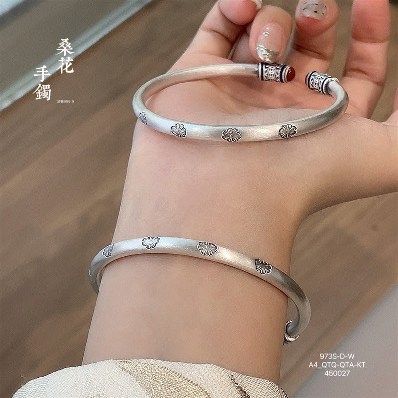 Chinese enamel pattern round stick sterling silver bracelet