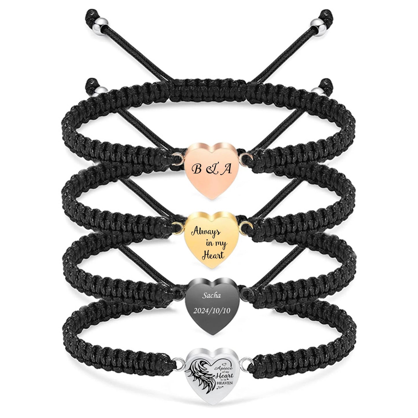 Engraved heart-shaped woven rope bracelet