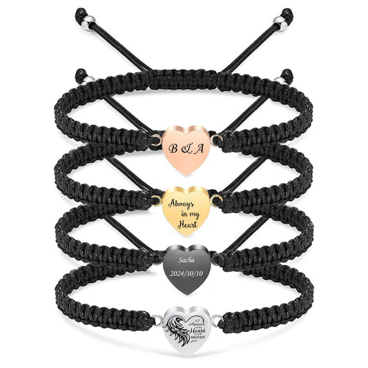 Pulsera de cuerda tejida con forma de corazón grabada 