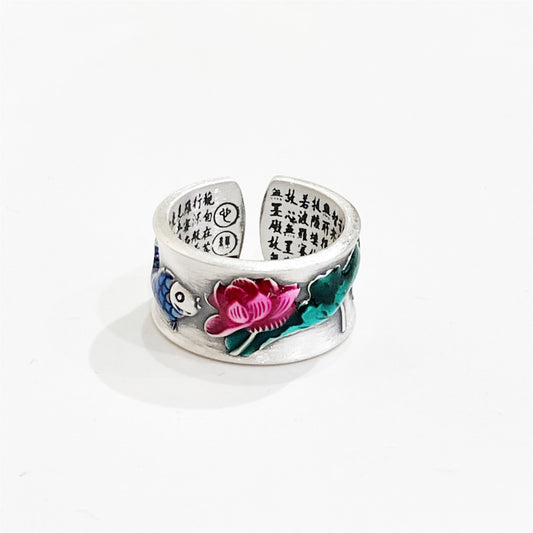Anillo abierto de plata de ley con flores de colores