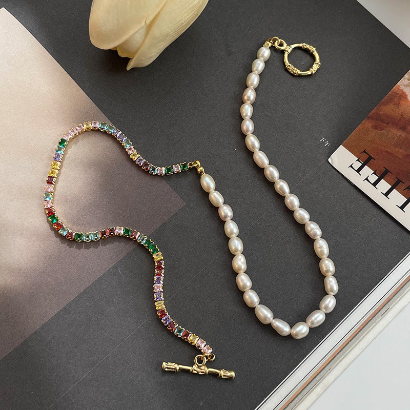 Women's fashionable all-match ot buckle colorful zircon natural freshwater pearl necklace