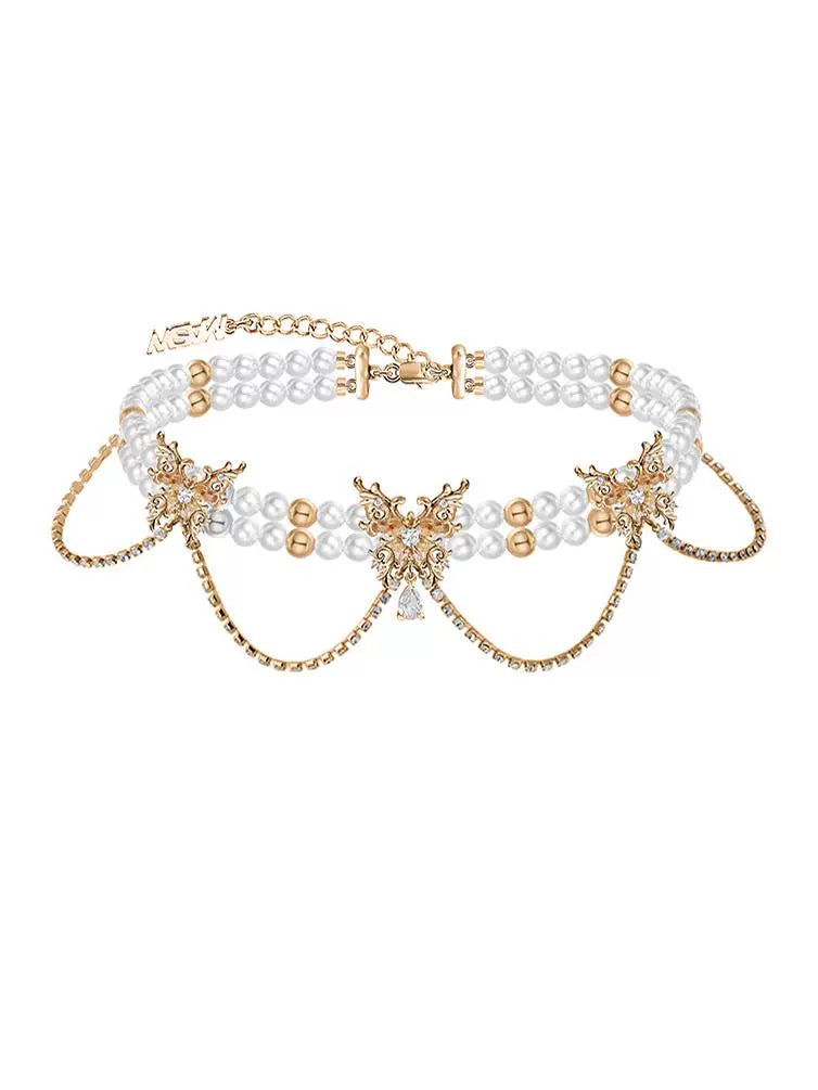 Collar de mariposa con perlas y efecto de danza de mariposa 