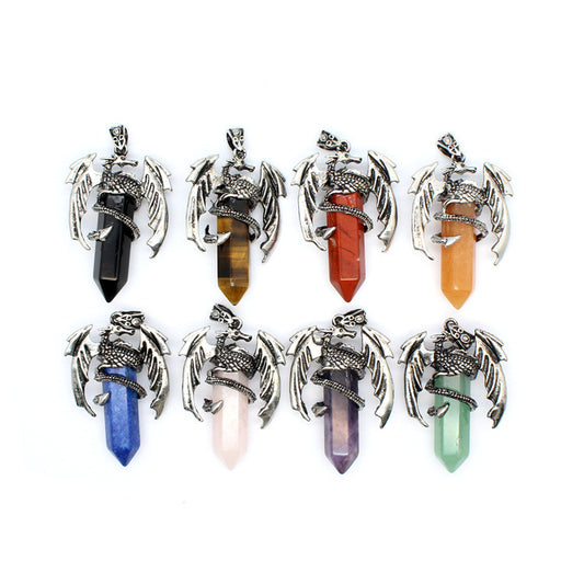 Vintage flying dragon hexagonal column crystal pendant