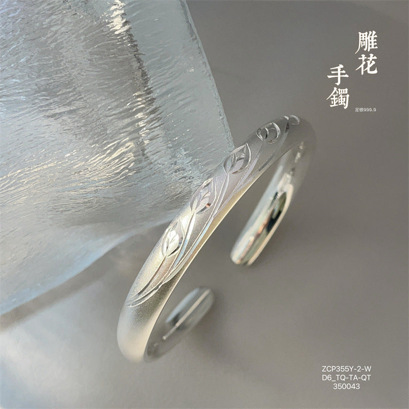 China Solid Sterling Silver Bamboo Leaf Open Bracelet