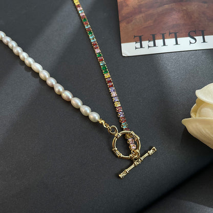Women's fashionable all-match ot buckle colorful zircon natural freshwater pearl necklace