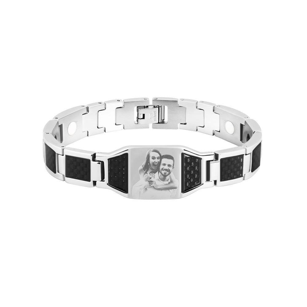 Men's engraved leather strap bracelet