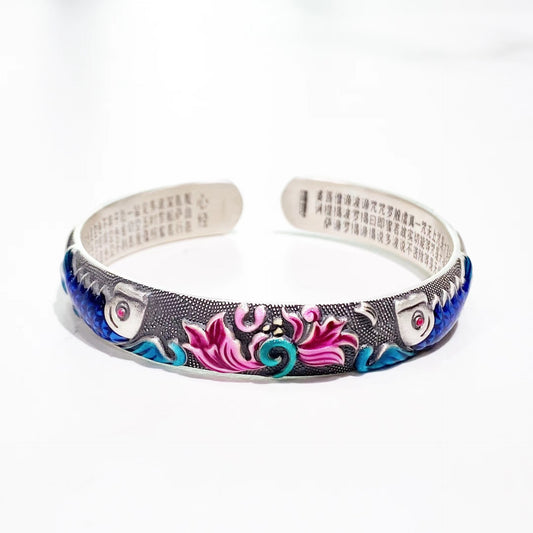 Pulsera de plata de ley con el Sutra del Corazón de la Carpa Esmaltada