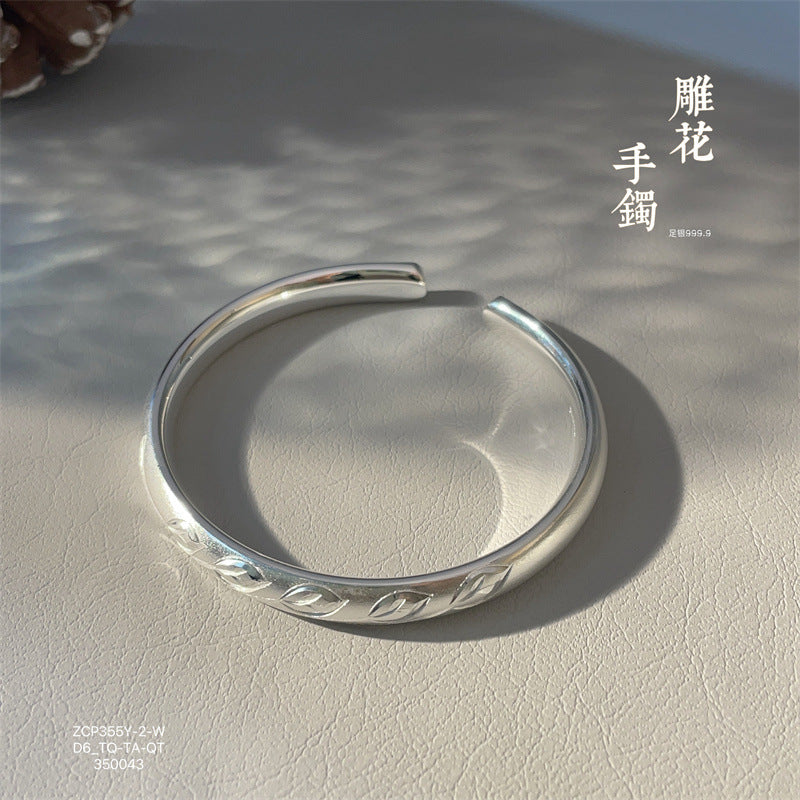 China Solid Sterling Silver Bamboo Leaf Open Bracelet