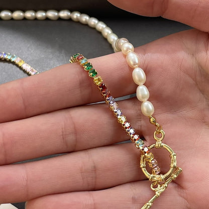 Women's fashionable all-match ot buckle colorful zircon natural freshwater pearl necklace