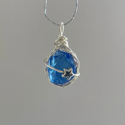 Wrapped blue protein crystal pendant necklace exquisite ornaments