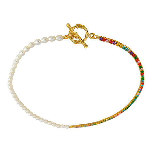 Women's fashionable all-match ot buckle colorful zircon natural freshwater pearl necklace