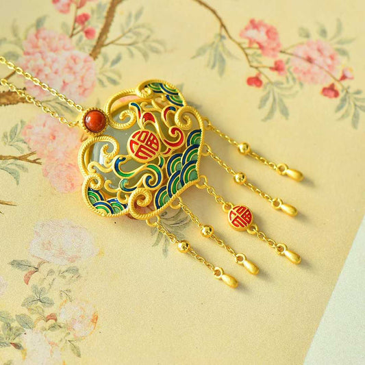 925 Silver Inlaid White Hetian Nephrite, Dragon & Phoenix, Ruyi Red Enamel Pendant