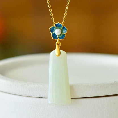 S925 Silver-Inlaid Hetian Jade Pendant (Trapezoidal Peace Plaque with Enamel & Pearl Accents)