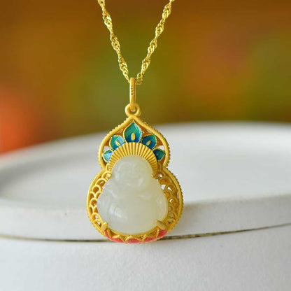 925 Silver Inlaid Hetian Nephrite "Maitreya Buddha & Gourd Enamel" Pendant