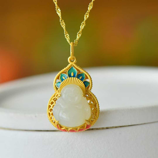 925 Silver Inlaid Hetian Nephrite "Maitreya Buddha & Gourd Enamel" Pendant