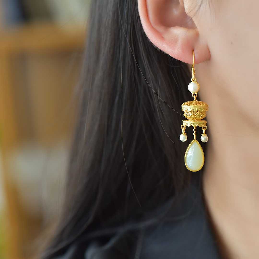 925 Silver Inlaid Nephrite Filigree Hollow Earrings