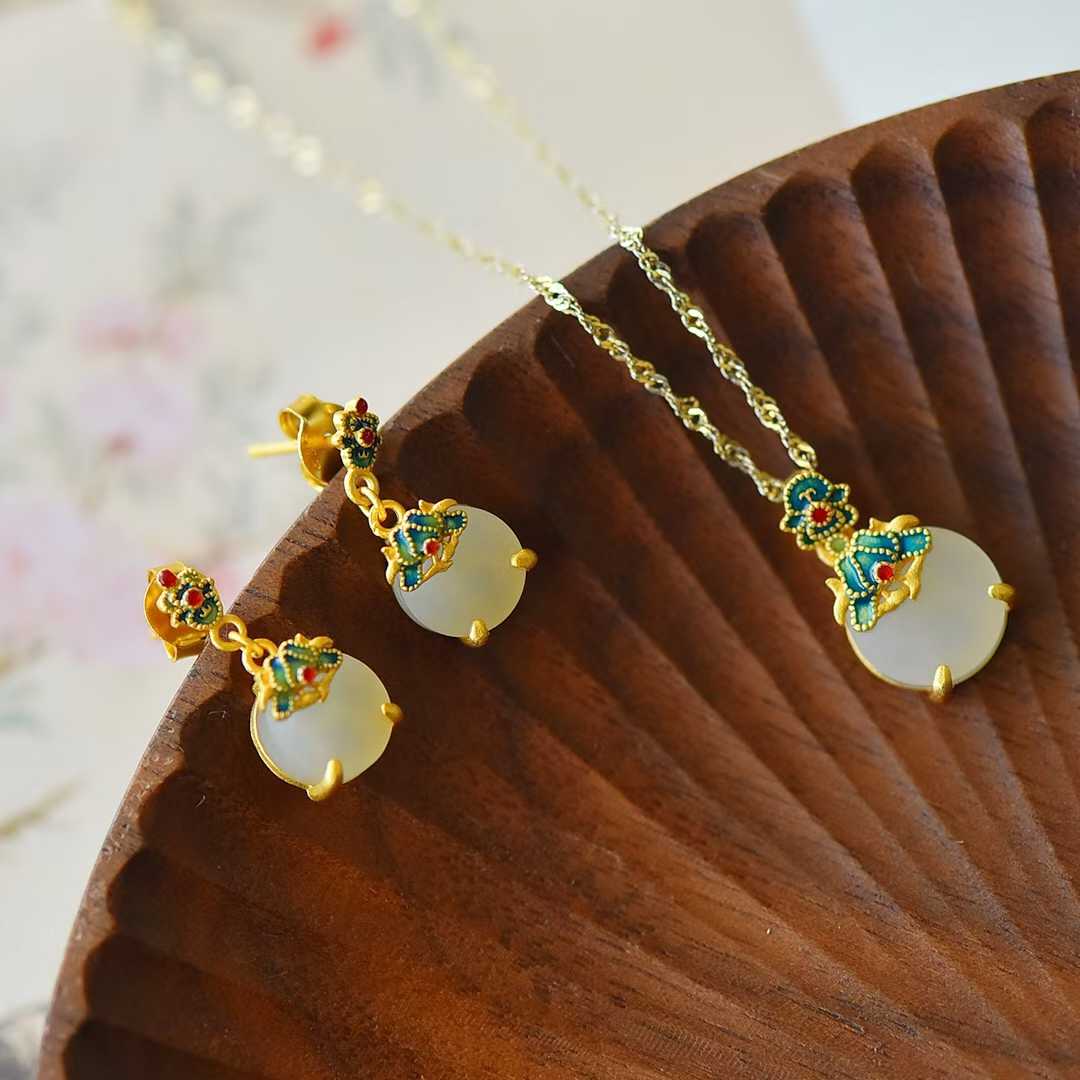 Ancient-Style Silver & Hetian Nephrite Flat Orchid Jewelry Set