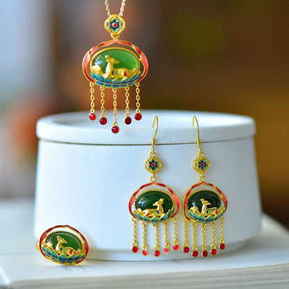 925 Silver Inlaid Nephrite "Meeting the Divine Deer" Jewelry Set