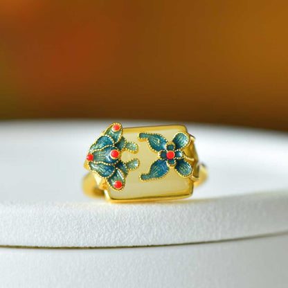 925 Silver Inlaid White Hetian Nephrite "Colorful Butterflies Dancing" Ring