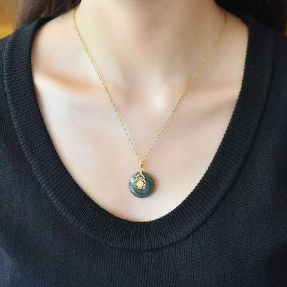 925 Silver Inlaid Hetian Nephrite "Peace Buckle & Gourd" Pendant