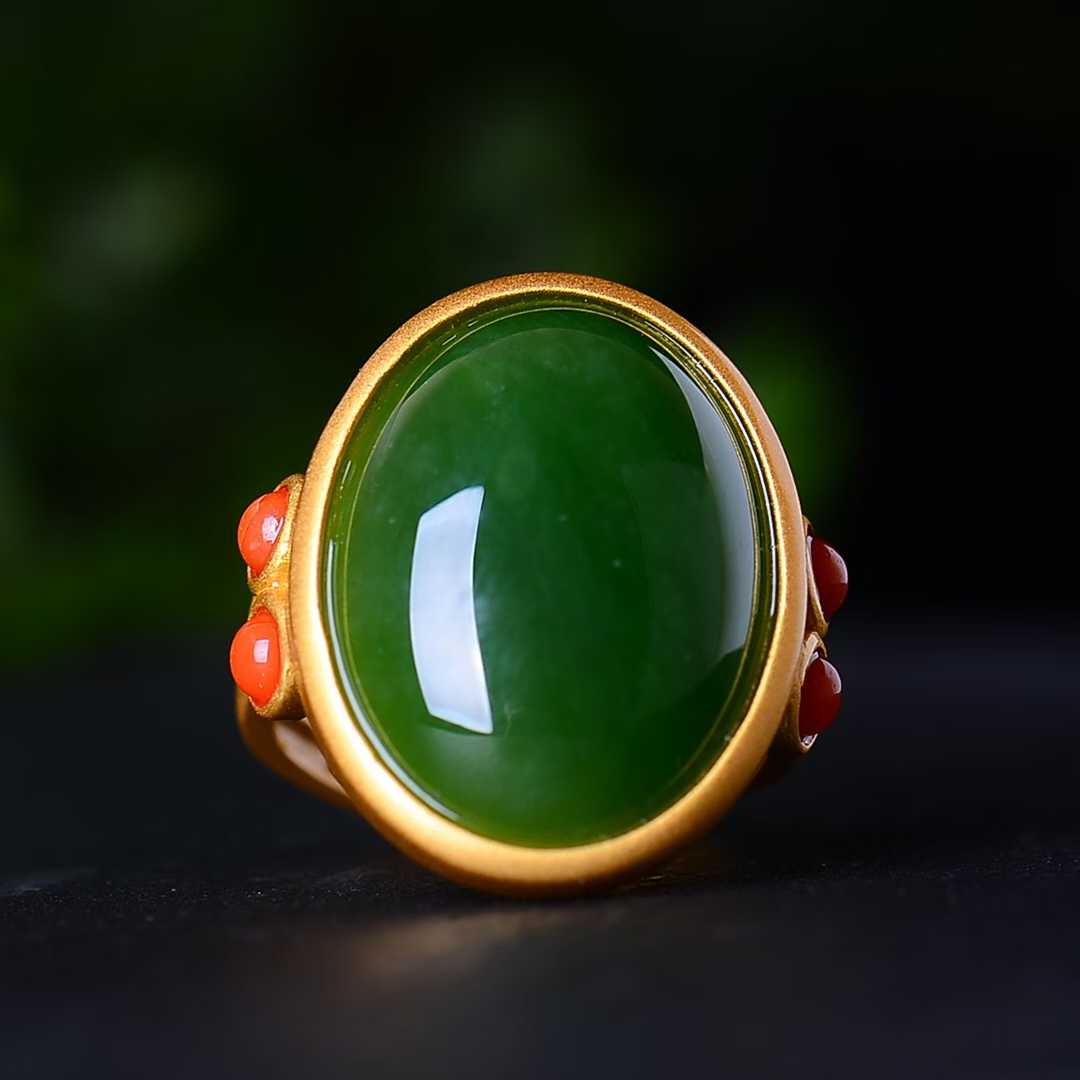 925 Silver Inlaid Nephrite Green Jade Cabochon Matte Gold Ring
