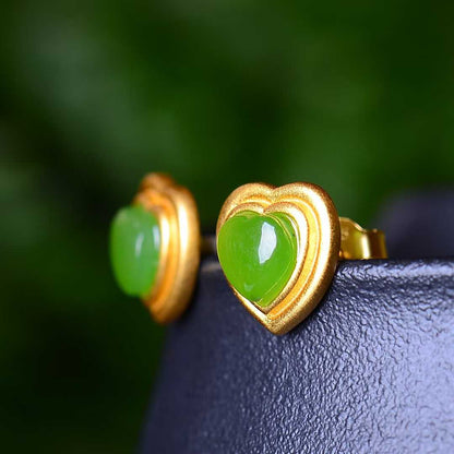 925 Silver Inlaid Hetian Spinach Green Nephrite Heart-Shaped Stud Earrings
